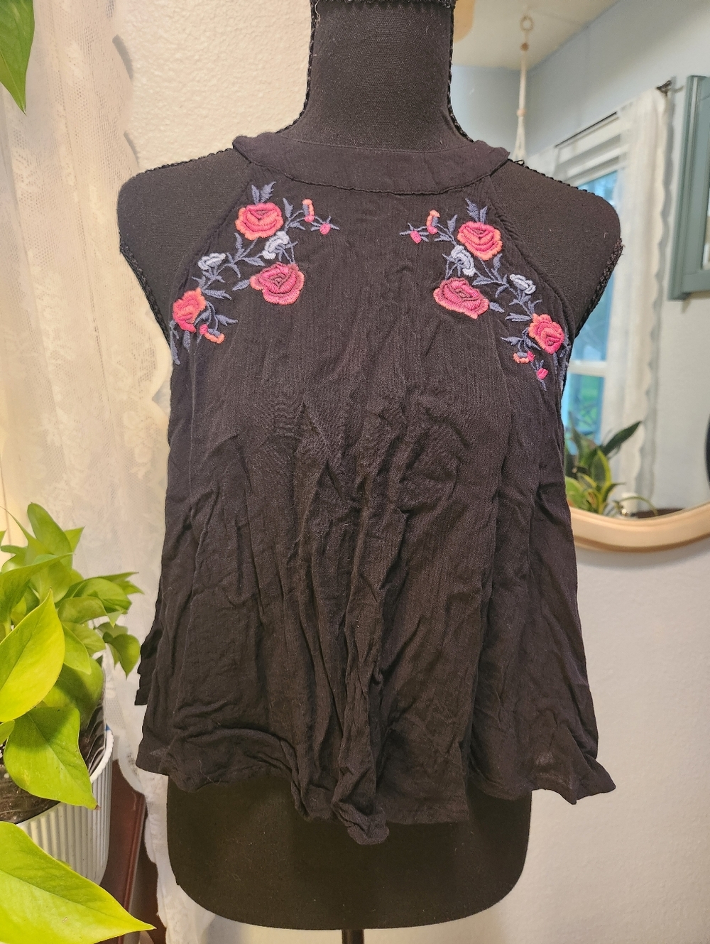 Hollister Black Floral Embroidered Halter Top